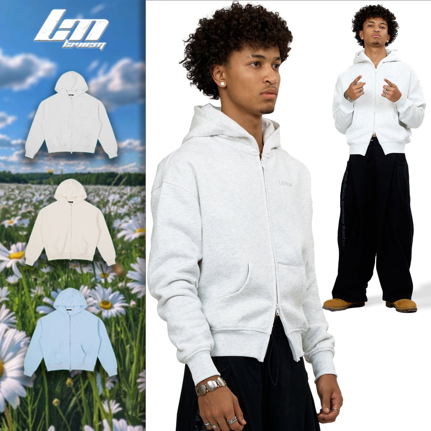 Flat lay of the LAVIEM white double-zip hoodie on a neutral background, emphasizing its boxy cut and premium fabric texture.