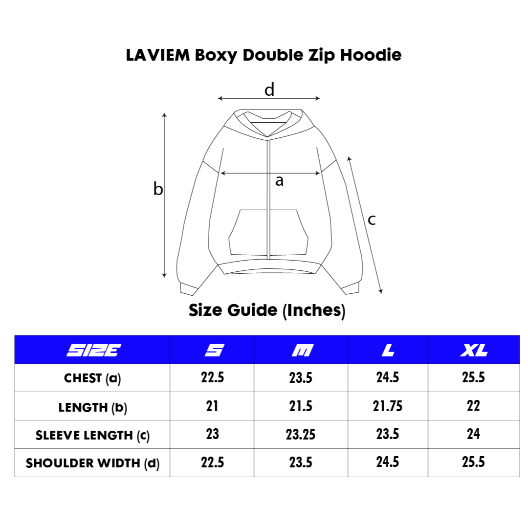 Hoodie and sweatshirt sizing chart with chest, shoulder, and length measurements for unisex streetwear.