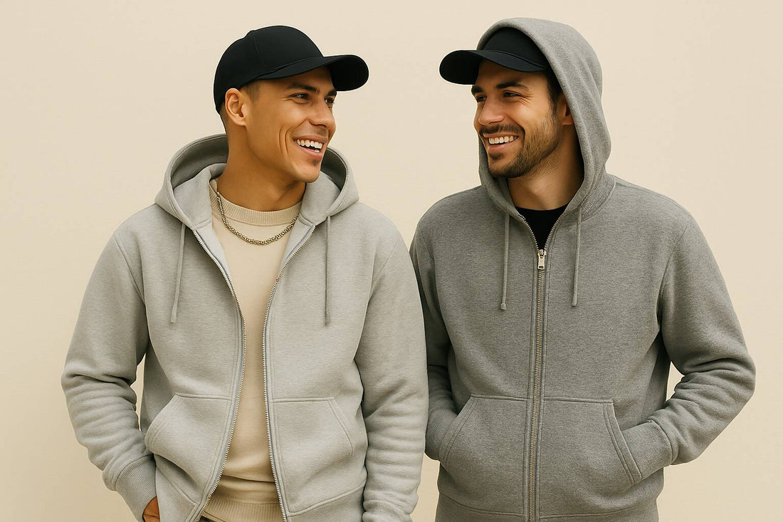 Two young men wearing casual streetwear stand side by side against a beige wall. Both wear gray hoodies with neutral expressions—one with a cap and silver chain, the other with his hood up and hands in his pockets.