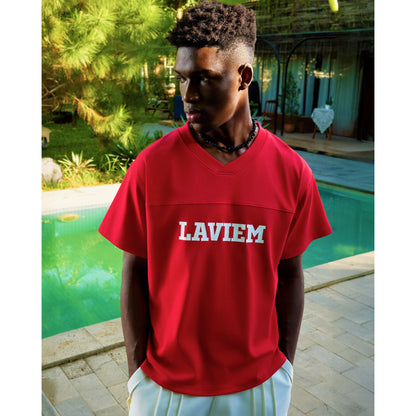 Laviem Unisex Red Boxy V-Neck Cropped T-Shirt – 100% Cotton Street Style Top for Casual Urban Outfits