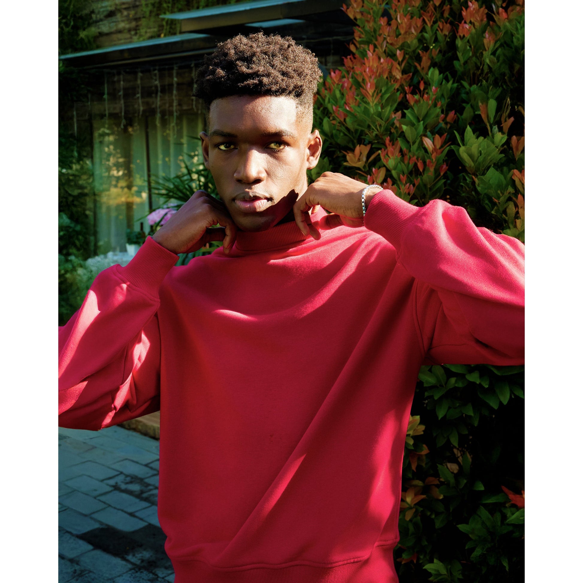 Close-up of the soft, heavyweight cotton fabric on the LAVIEM oversized streetwear sweater, designed for comfort and durability.