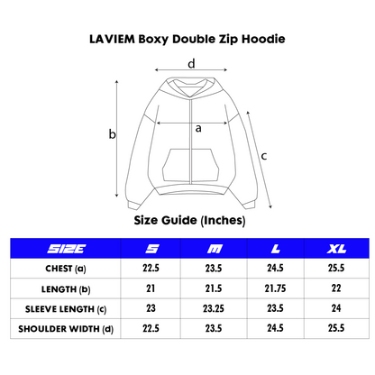 Hoodie and sweatshirt sizing chart with chest, shoulder, and length measurements for unisex streetwear.