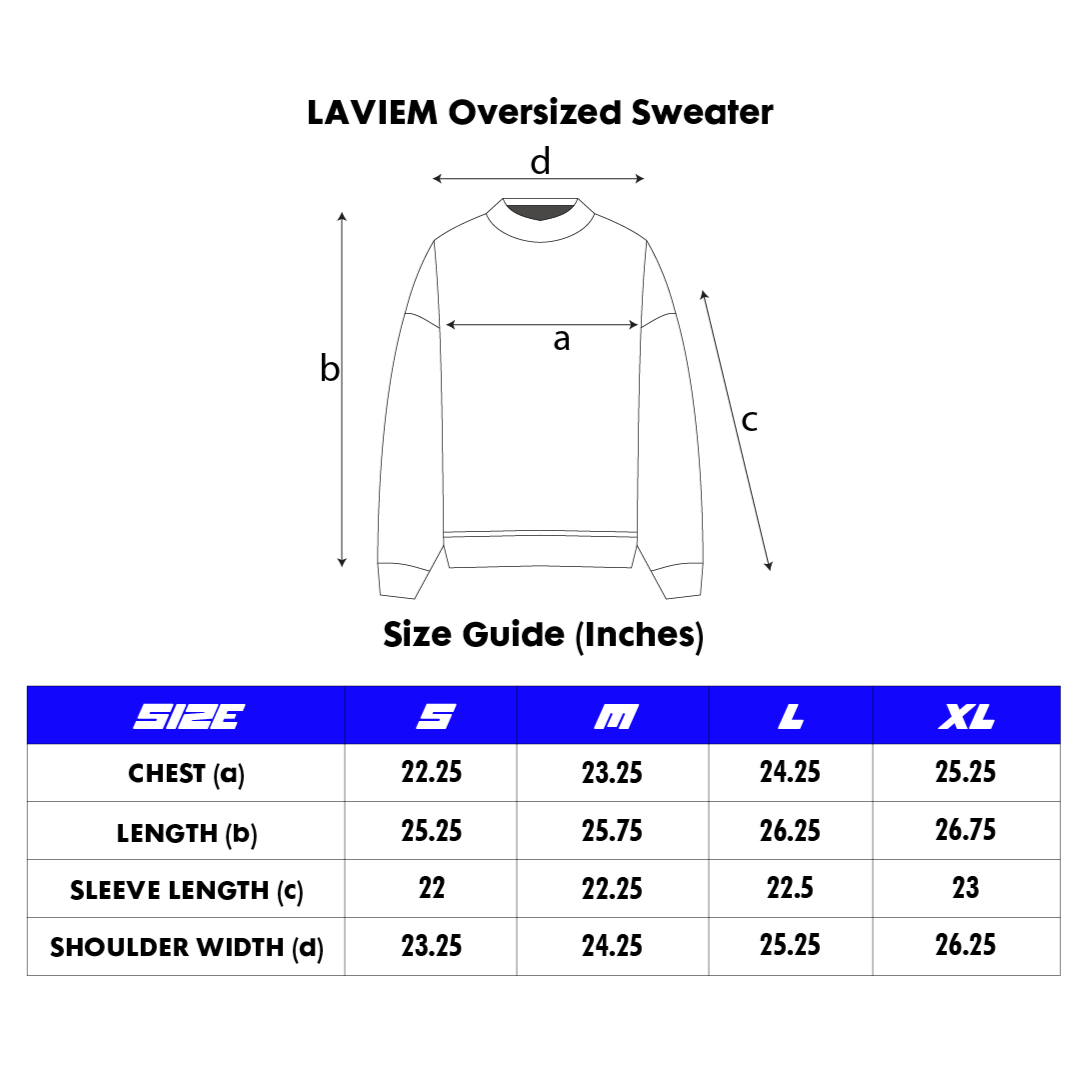 Sweatshirt sizing chart with chest, shoulder, and length measurements for unisex streetwear.
