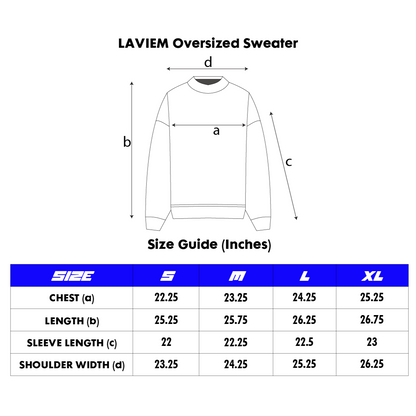 Sweatshirt sizing chart with chest, shoulder, and length measurements for unisex streetwear.