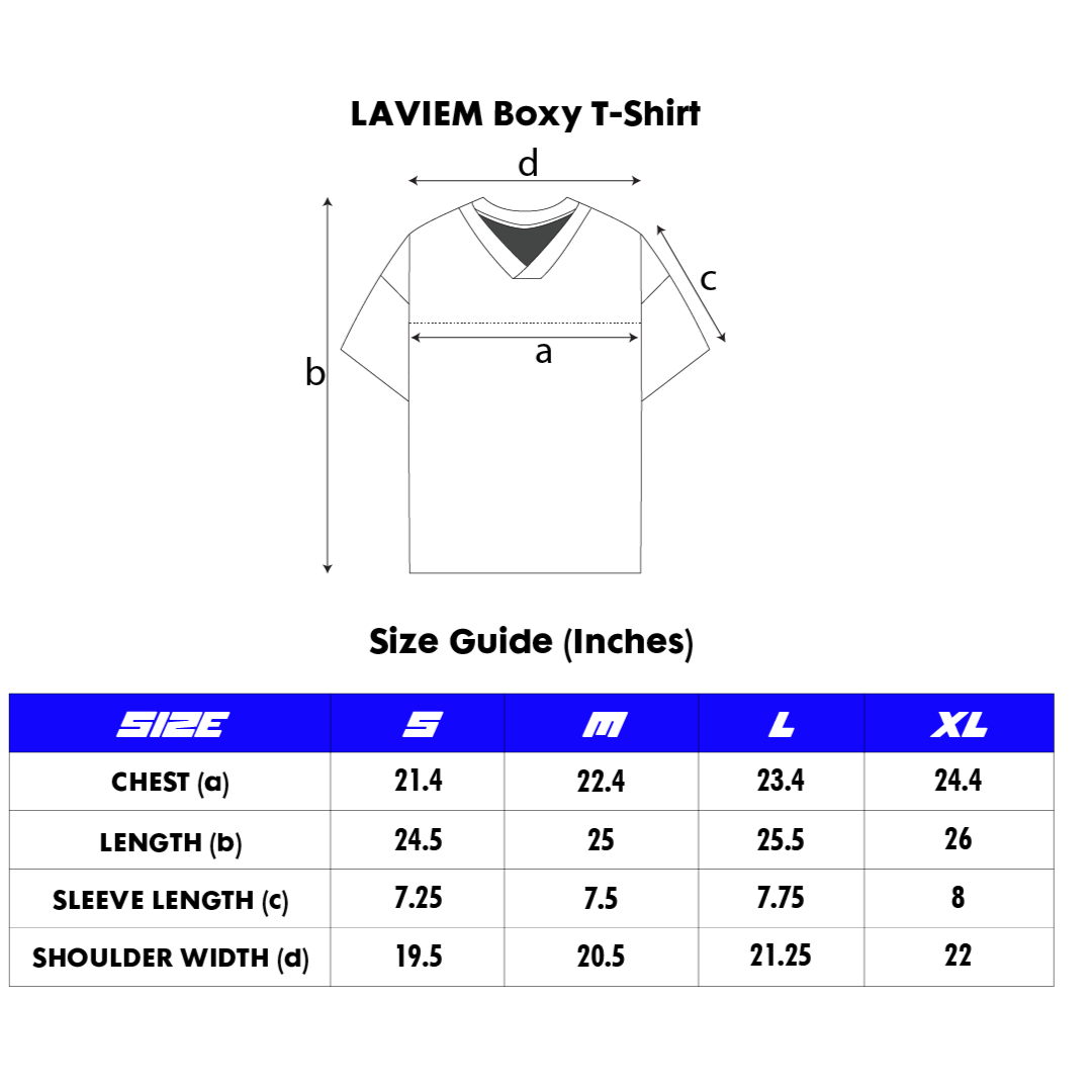 Size guide for streetwear t-shirts: chest, length, and sleeve measurements for men's and women's fits.